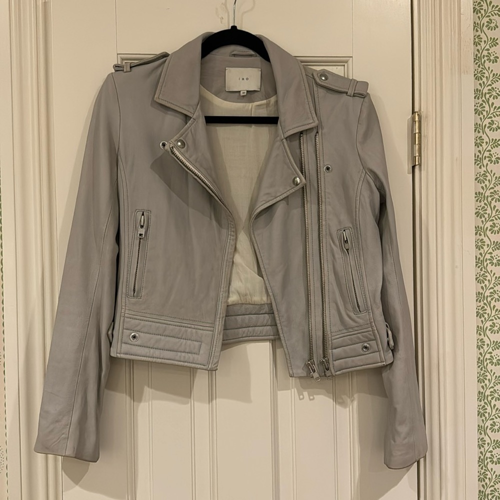 Light gray IRO leather jacket with zipper details SIZE 40